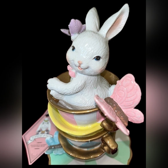 Tophat & Toil Easter bunny in stacked tea cups with Butterflies 7 In Resin - Picture 3 of 8